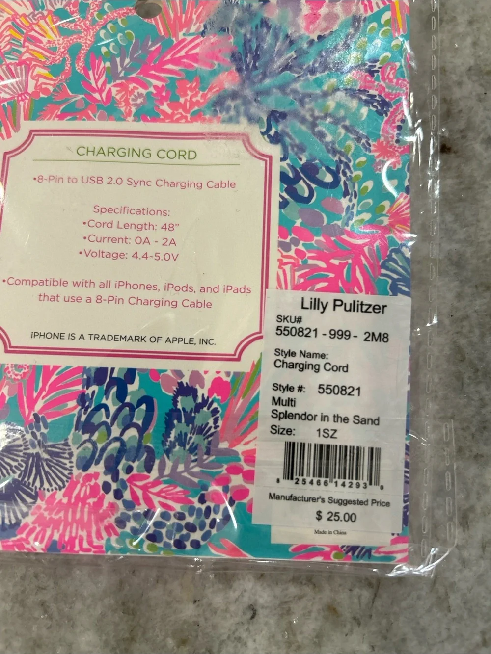 Lilly Pulitzer Splendor in the Sand-Print 8 Pin Charging Cable